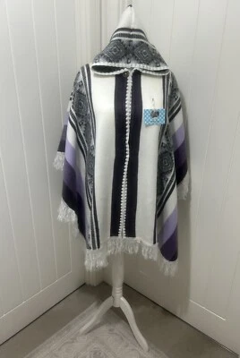 YAMMYS ALPACA 🇬🇧Unisex Alpaca Wool Stripe PONCHO HANDMADE _ Hooded - White Lilac Purple.