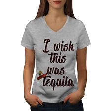 Wellcoda I Wish This Was Tequila Womens V-Neck T-shirt, Gag Graphic Design Tee