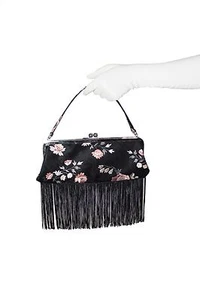 Dolce & Gabbana Black Silk w/ Pink Embroidered Floral Print Fringe Evening Purse - Picture 1 of 7
