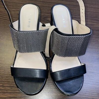 Torrid Black Leather Silver Band Platform Wedge Sandal Shoes, Womens 10 W  CUTE! - Image 1 of 4