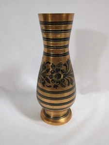 Vintage Bud Vase 9.5" Tall Black Etched Floral India Copper Brass Home Decor - Picture 1 of 10