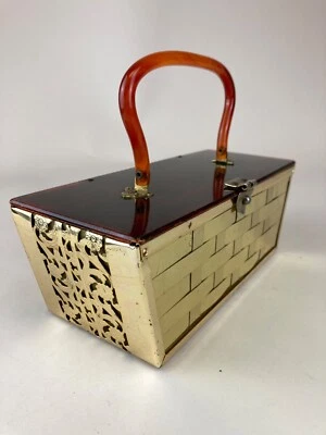 1950s Gold Basket weave  + Filigree And Tortoise Lucite Vintage Purse - Image 1 of 4