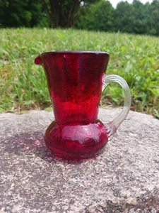Vintage Hand-Blown Cranberry Crackle Glass Creamer Cruet 1960s - Picture 1 of 8