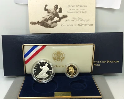 1997 Jackie Robinson 50th Anniversary $5 Gold $1 Silver Commem ~2 Coin Proof Set - Image 1 of 4