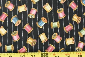By 1/2 Yd, Vintage, Colorful Wooden Spools on Black, Concord, Kesslers, P7956 - Picture 1 of 6