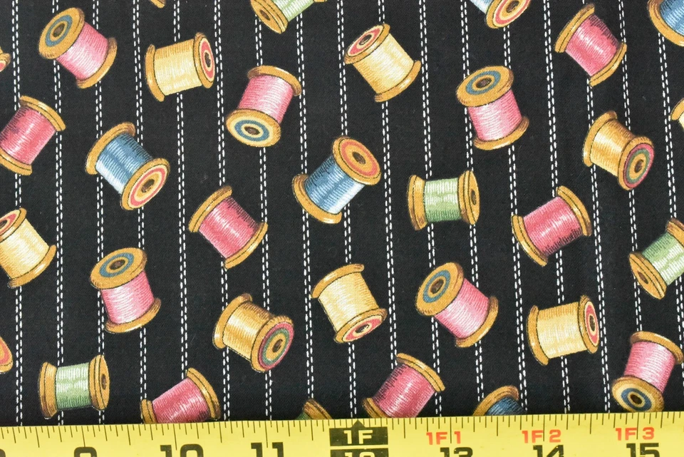 By 1/2 Yd, Vintage, Colorful Wooden Spools on Black, Concord, Kesslers, P7956 - Image 1 of 4