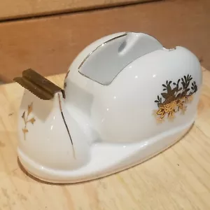 Porcelain Ceramic Tape Dispenser White w/Gold Floral Design Desk - Swanky Barn - Picture 1 of 12