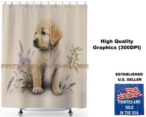 Golden Retriever Puppy Dog Floral Watercolor Art #1 Bathroom Shower Curtain - Picture 1 of 5
