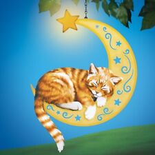 Solar Powered LED Sleeping Orange Tabby Cat on Moon Metal Outdoor Decoration