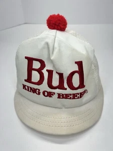 Vintage Bud King of Beers Snapback Off White and Red Cap Made in USA Pom Pom - Picture 1 of 11