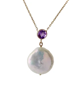 Amethyst Necklace with Coin Pearl Set In 14k Yellow Gold - Picture 1 of 4