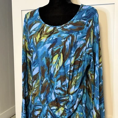 J Jill Blue Abstract Dress Size XL Petite Long Sleeve XLP Ruched Waist Stretch - Image 1 of 4