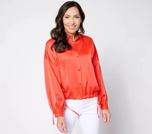 Peace Love World Satin Button Front Shirt Watermelon Red 1X - Picture 1 of 4