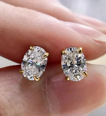 3Ct Oval Cut Lab Created Diamond Solitaire Stud Earrings 14K Yellow Gold Finish - Image 1 of 4