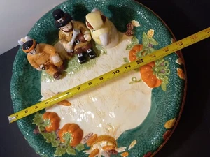 Ceramic THANKSGIVING PILGRIM INDIAN Tray Platter LARGE 15" VINTAGE Lotus - Picture 1 of 12