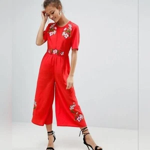 ASOS Women's Red Floral Embroidered Boho Tea Cropped Jumpsuit Size 18 Plus Size - Picture 1 of 9