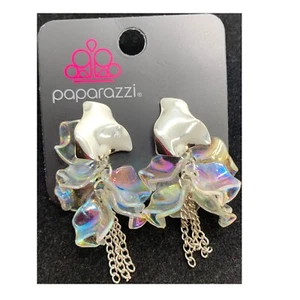 Orecchini Argento Paparazzi Armonicamente Olografici Iridescenti Bianco Post - Foto 1 di 2