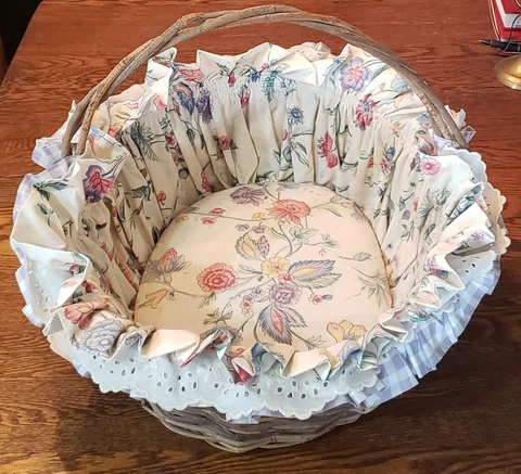 Rustic GRAPEVINE BASKET w handle Lined with Laura Ashley Chinese Silk Floral Vtg Cover