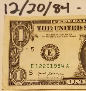 Birthday Anniversary December 20, 1984 $1 Dollar Bill Fancy Serial A Series Note - Picture 1 of 4