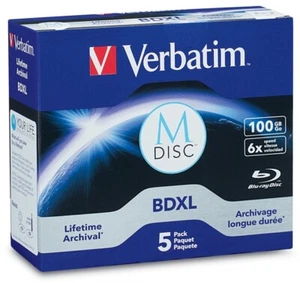 5-Pak Verbatim M-DISC 100GB 1000-Year Archival =TRIPLE LAYER= 6X Blu-ray BD-R XL - Picture 1 of 3