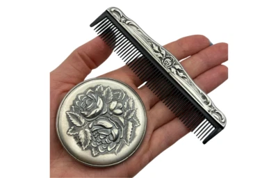 Juego de viaje floral hecho a mano vintage de plata 875 para cabello y peine coleccionables grabado Foto 1 de 4