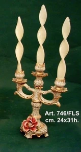 CANDELABRO CANDELIERE 3 FIAMME CERAMICA AVORIO E FOGLIA ORO CON ROSA E CRISTALLI - Imagen 1 de 1