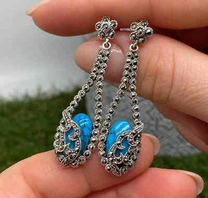 Turquoise and Marcasite natural gemstone Earrings, silver 925, gold plated - Picture 1 of 3
