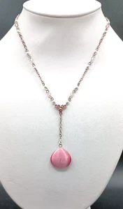 Pink Cats Eye Y Pendant Necklace Faux Pearl Crystal Rose Gold Tone Chain 18" - Picture 1 of 8