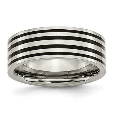 Men Chisel Titanium Ring w/ Polished Black Enamel Striped 8mm Flat Band - Image 1 of 4