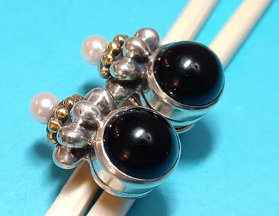 LAGOS Caviar Black Onyx  Pearl Sterling Silver 18k Gold Earrings, omega back - Image 1 of 4
