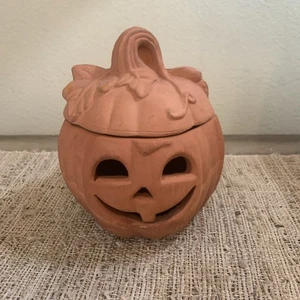 Terra Cotta Clay Pottery Halloween Pumpkin Jack-o- Lantern Candle Holder 5” READ - Picture 1 of 7