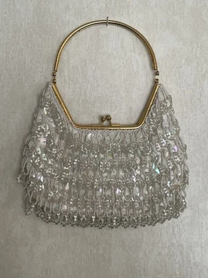 VTG White Satin Beaded & Sequins Chandelier Handbag Purse Hong Kong READ - Image 1 of 4