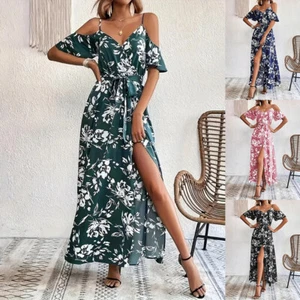 Women Sexy Floal Spaghetti Split Maxi Dress Summer Beach Holiday Split Sundress - Picture 1 of 19