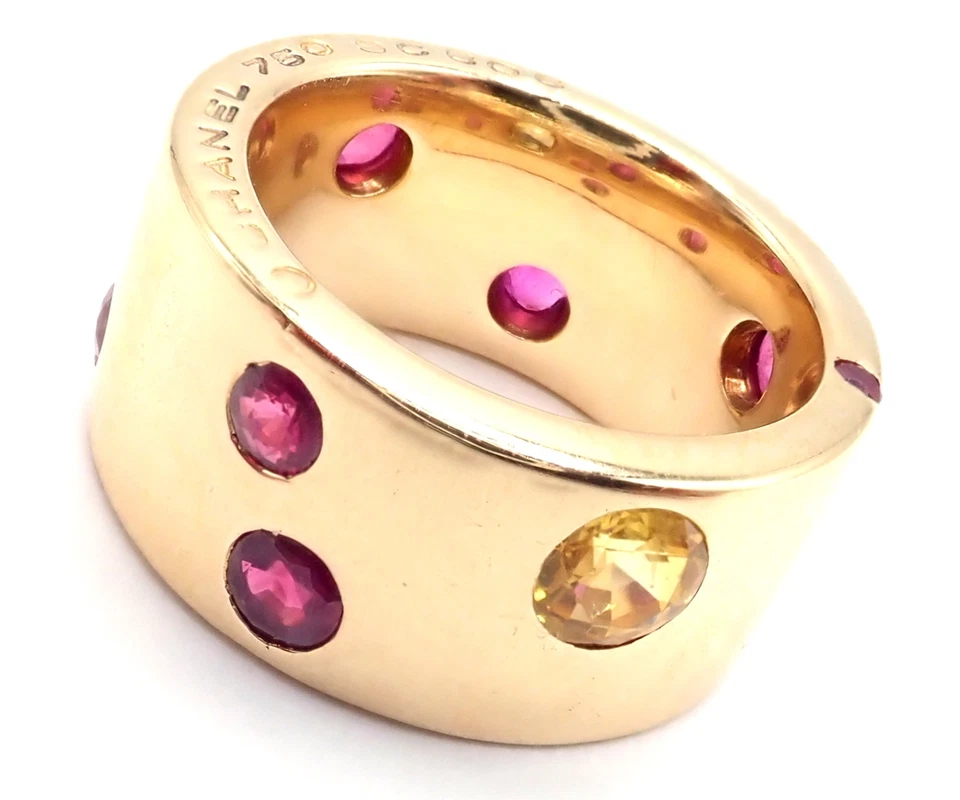 Authentic! Chanel 18k Yellow Gold Ruby Yellow Sapphire Wide Band Ring Size 5 - Image 1 of 4