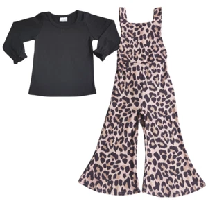 Girls Black Cotton Long Sleeve Shirt Leopard Print Overalls Set 2pcs Outfit - Picture 1 of 2