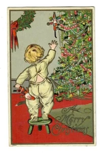 Vintage Christmas Postcard Julius Bien Child Reaching to Tree Toys Santa Wreath - Picture 1 of 2