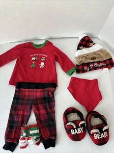 My First Christmas 6 pc Outfit Hat, Shirt, Pants, Bib, Socks And Slippers - Picture 1 of 12