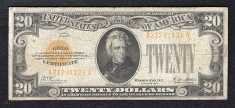 FR. 2402 1928 $20 TWENTY DOLLARS GOLD CERTIFICATE CURRENCY NOTE VERY FINE (M) Cover