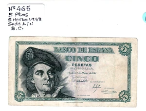 BILLETES ESTADO ESPAÑOL 5 PTA. 1948 Nº 465 SERIE A /N. B.C. - Imagen 1 de 2