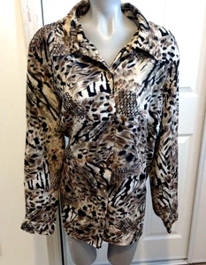 Fashion Bug Ladies 22/24 Brown & Tan Abstract Print Long Sleeve Button Up Top - Picture 1 of 6