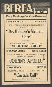1940 BEREA THEATRE OH DR KILDARE STRANGE CASE L AYRES & L BARRYMORE SEE INFO - Picture 1 of 1
