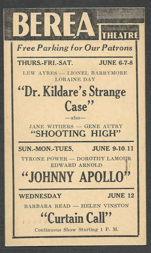 1940 BEREA THEATRE OH DR KILDARE STRANGE CASE L AYRES & L BARRYMORE SEE INFO - Image 1 of 1