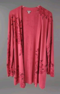 J Jill 长开襟开衫 L 粉红色红色花卉丝绸棉羊绒轻便 — 第 1/4 张图片