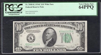 FR. 2008-K 1934-C $10 WIDE FRN FEDERAL RESERVE NOTE DALLAS, TX PCGS UNC-64PPQ - Image 1 of 2