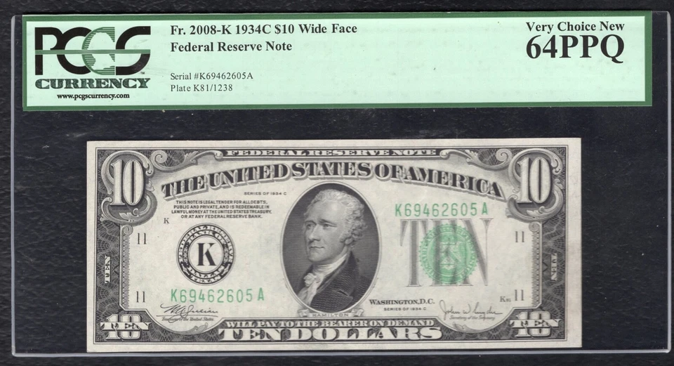 FR. 2008-K 1934-C $10 WIDE FRN FEDERAL RESERVE NOTE DALLAS, TX PCGS UNC-64PPQ - Image 1 of 2