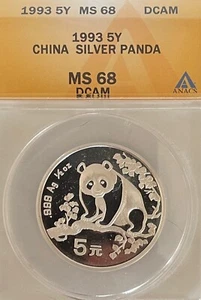 1993 China 5Y Panda PF68 DCAM ANACS 1/2oz Silver - Picture 1 of 2