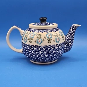 Zaklady Boleslawiec PEACOCK & LEAVES 4-Cup Teapot Blue Green Polish Pottery - Picture 1 of 14