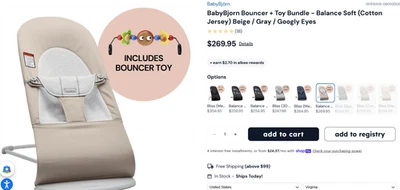 BabyBjörn Balance Soft. Wo/Jer.  Bouncer Beige/Gray Toy Bar Included - Image 1 of 4