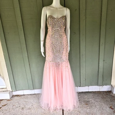 Glamour TERANI Couture Vestido de Noche Sin Tirantes Rosa Estrás Sirena 6 Foto 1 de 4