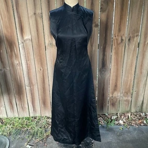 Vintage 60s CHEONGSAM Style A-Line Maxi Dress BLACK SATIN xl 40-33-42 - Picture 1 of 8